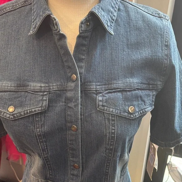 Denim Midi Shirt Dress with Pearl Detail - Blue - Picture 3 of 12